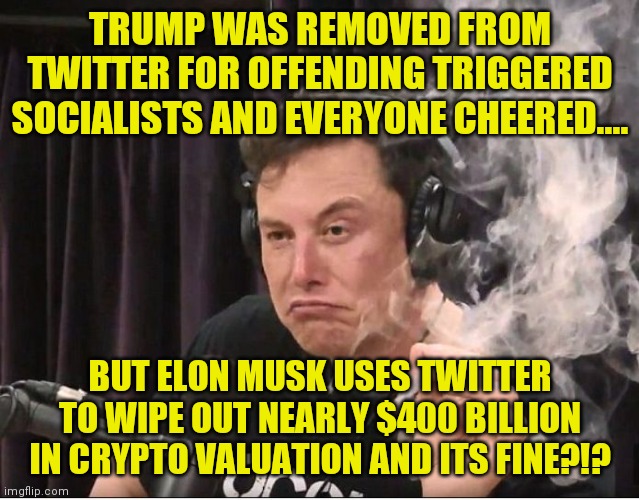 The double standard is insane these days! If you cause a crisis, you are booted from Twitter. No matter who you are? Or not? | TRUMP WAS REMOVED FROM TWITTER FOR OFFENDING TRIGGERED SOCIALISTS AND EVERYONE CHEERED.... BUT ELON MUSK USES TWITTER TO WIPE OUT NEARLY $400 BILLION IN CRYPTO VALUATION AND ITS FINE?!? | image tagged in elon musk smoking a joint,donald trump,bitcoin,cryptocurrency | made w/ Imgflip meme maker