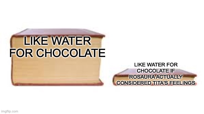 AAAHHHHHHHHHHHH  THIS BOOK IS SO GOOD! WHY ISN'T IT CONSIDERED LITERATURE?! | LIKE WATER FOR CHOCOLATE; LIKE WATER FOR CHOCOLATE IF ROSAURA ACTUALLY CONSIDERED TITA'S FEELINGS | image tagged in big book small book,books,what can i say except aaaaaaaaaaa,good stuff | made w/ Imgflip meme maker