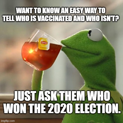 But That's None Of My Business | WANT TO KNOW AN EASY WAY TO TELL WHO IS VACCINATED AND WHO ISN'T? JUST ASK THEM WHO WON THE 2020 ELECTION. | image tagged in memes,but that's none of my business,kermit the frog | made w/ Imgflip meme maker
