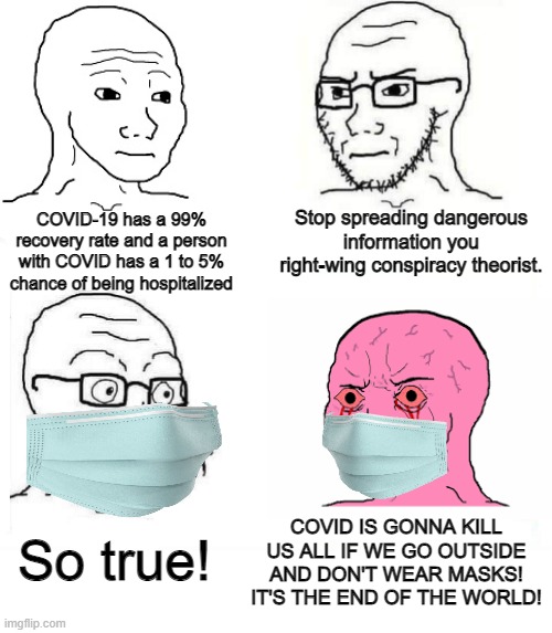 "Conspricy theorist" vs "Truth teller" | Stop spreading dangerous information you right-wing conspiracy theorist. COVID-19 has a 99% recovery rate and a person with COVID has a 1 to 5% chance of being hospitalized; So true! COVID IS GONNA KILL US ALL IF WE GO OUTSIDE AND DON'T WEAR MASKS! IT'S THE END OF THE WORLD! | image tagged in so true wojak,hysteria,liberal logic,media lies,tyranny | made w/ Imgflip meme maker