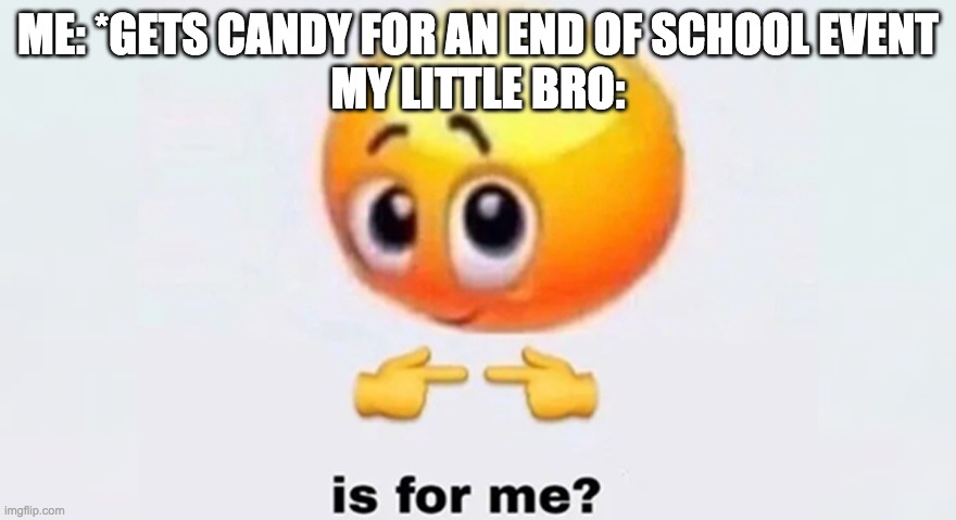 Is this for me? | ME: *GETS CANDY FOR AN END OF SCHOOL EVENT
MY LITTLE BRO: | image tagged in is this for me,brother,small | made w/ Imgflip meme maker
