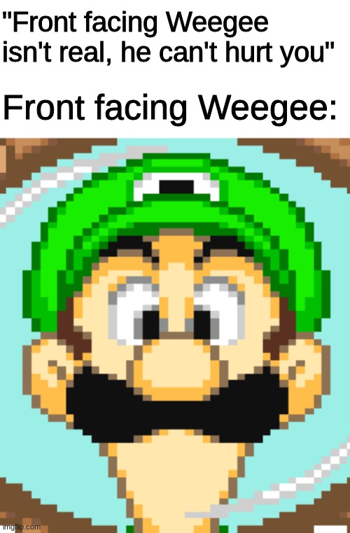 No TPK run: Success | "Front facing Weegee isn't real, he can't hurt you"; Front facing Weegee: | image tagged in front facing weegee,skull cow isn't real | made w/ Imgflip meme maker