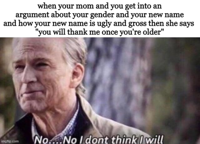 LMAOAOAOAOAOAO THIS HAPPEND TODAY IN THE CAR- | when your mom and you get into an argument about your gender and your new name and how your new name is ugly and gross then she says 
"you will thank me once you're older" | image tagged in no i don't think i will | made w/ Imgflip meme maker