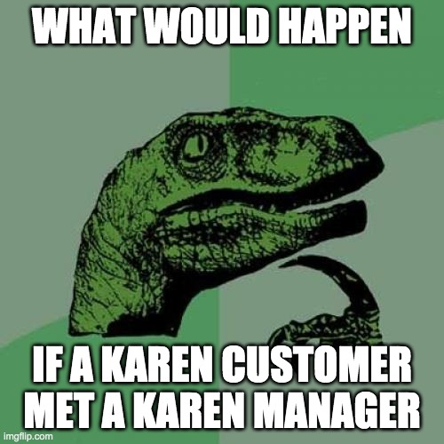 Philosoraptor Meme | WHAT WOULD HAPPEN; IF A KAREN CUSTOMER MET A KAREN MANAGER | image tagged in memes,philosoraptor | made w/ Imgflip meme maker