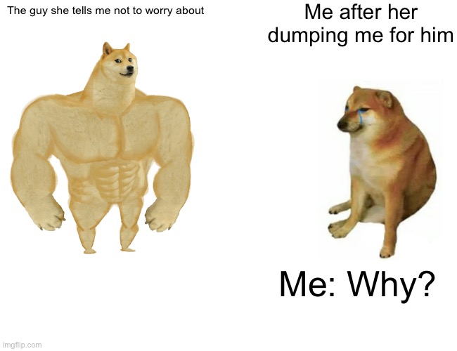 Buff Doge vs. Cheems | Me after her dumping me for him; The guy she tells me not to worry about; Me: Why? | image tagged in memes,buff doge vs cheems | made w/ Imgflip meme maker
