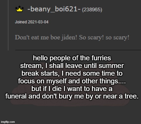 beany | hello people of the furries stream, I shall leave until summer break starts, I need some time to focus on myself and other things.... but if I die I want to have a funeral and don't bury me by or near a tree. | image tagged in beany | made w/ Imgflip meme maker