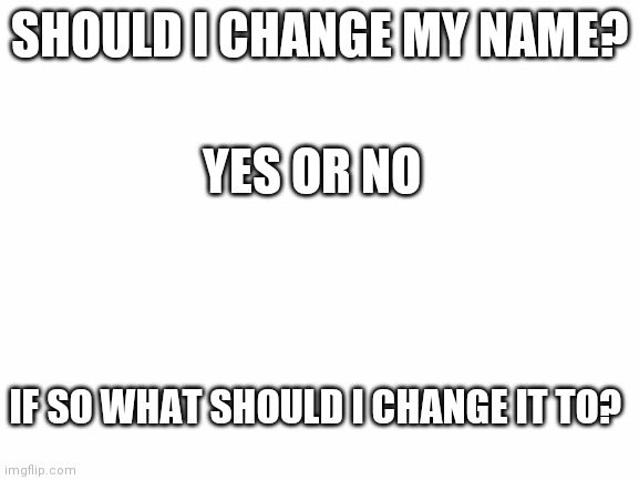 I'm able to change my name should I do it? | SHOULD I CHANGE MY NAME? YES OR NO; IF SO WHAT SHOULD I CHANGE IT TO? | image tagged in white screen | made w/ Imgflip meme maker