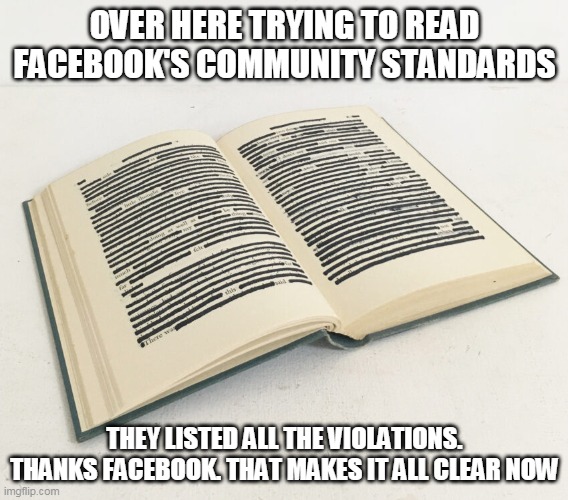 Facebook |  OVER HERE TRYING TO READ FACEBOOK'S COMMUNITY STANDARDS; THEY LISTED ALL THE VIOLATIONS. THANKS FACEBOOK. THAT MAKES IT ALL CLEAR NOW | image tagged in facebook,community standards,violations,clear,censored,censorship | made w/ Imgflip meme maker