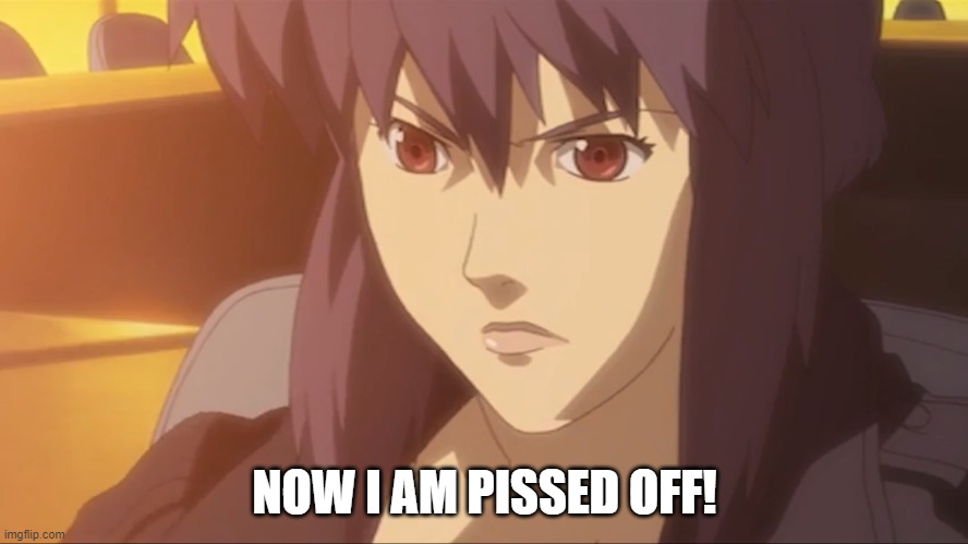 Motoko Kusanagi | NOW I AM PISSED OFF! | image tagged in anime,anime meme | made w/ Imgflip meme maker