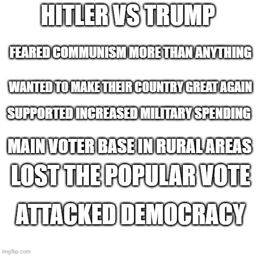 hmmmmm | HITLER VS TRUMP; FEARED COMMUNISM MORE THAN ANYTHING; WANTED TO MAKE THEIR COUNTRY GREAT AGAIN; SUPPORTED INCREASED MILITARY SPENDING; MAIN VOTER BASE IN RURAL AREAS; LOST THE POPULAR VOTE; ATTACKED DEMOCRACY | image tagged in memes,blank transparent square | made w/ Imgflip meme maker