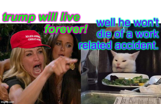 How to be a "president" without really trying. | trump will live
             forever! well he won't
die of a work
related accident. | image tagged in memes,woman yelling at cat,lazy,president fraud,take it easy | made w/ Imgflip meme maker