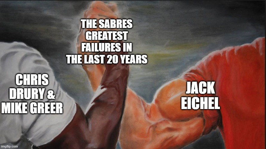 Black White Arms | THE SABRES GREATEST FAILURES IN THE LAST 20 YEARS; CHRIS DRURY & MIKE GREER; JACK EICHEL | image tagged in black white arms | made w/ Imgflip meme maker