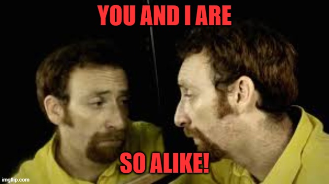 Guy looking in a mirror | YOU AND I ARE SO ALIKE! | image tagged in guy looking in a mirror | made w/ Imgflip meme maker