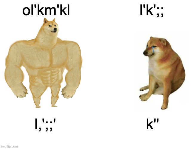 Buff Doge vs. Cheems Meme | ol'km'kl; l'k';;; l,';;'; k'' | image tagged in memes,buff doge vs cheems | made w/ Imgflip meme maker