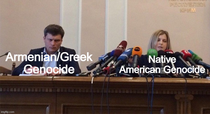 Armenian/Greek Genocide vs Native American Genocide | Native American Genocide; Armenian/Greek Genocide | image tagged in man and woman microphone,memes,funny,armenian genocide,greek,native american | made w/ Imgflip meme maker
