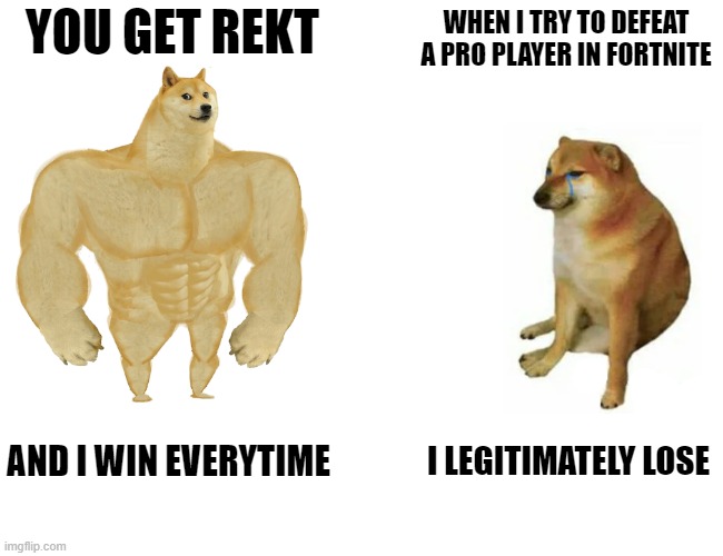 When I die in fortnite | YOU GET REKT; WHEN I TRY TO DEFEAT A PRO PLAYER IN FORTNITE; AND I WIN EVERYTIME; I LEGITIMATELY LOSE | image tagged in memes,buff doge vs cheems,fortnite,funny | made w/ Imgflip meme maker