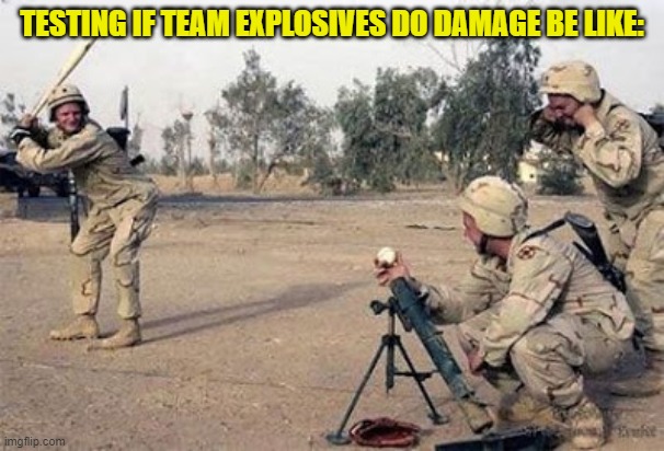 Well...I think they do damage... | TESTING IF TEAM EXPLOSIVES DO DAMAGE BE LIKE: | image tagged in oh no | made w/ Imgflip meme maker