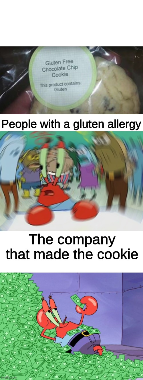 People with a gluten allergy; The company that made the cookie | image tagged in memes,mr krabs blur meme,blank transparent square,mr krabs money | made w/ Imgflip meme maker