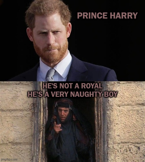 PRINCE HARRY | PRINCE HARRY; HE'S NOT A ROYAL
HE'S A VERY NAUGHTY BOY | image tagged in monty python,meghan | made w/ Imgflip meme maker