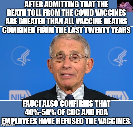 You have to wonder what they know that they aren't telling us. | AFTER ADMITTING THAT THE DEATH TOLL FROM THE COVID VACCINES ARE GREATER THAN ALL VACCINE DEATHS COMBINED FROM THE LAST TWENTY YEARS; FAUCI ALSO CONFIRMS THAT 40%-50% OF CDC AND FDA EMPLOYEES HAVE REFUSED THE VACCINES. | image tagged in dr fauci | made w/ Imgflip meme maker