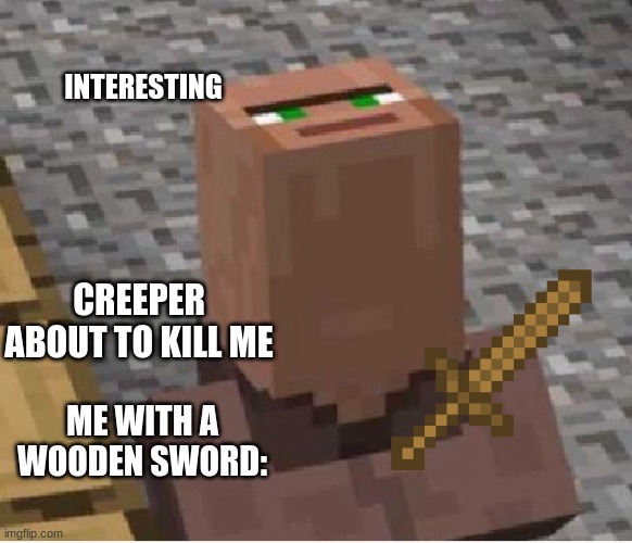 hmmmmm creeper.... | INTERESTING; CREEPER ABOUT TO KILL ME; ME WITH A WOODEN SWORD: | image tagged in minecraft villager looking up | made w/ Imgflip meme maker