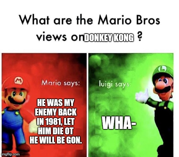 Mario Bros Views | DONKEY KONG; HE WAS MY ENEMY BACK IN 1981, LET HIM DIE OT HE WILL BE GON. WHA- | image tagged in mario bros views | made w/ Imgflip meme maker