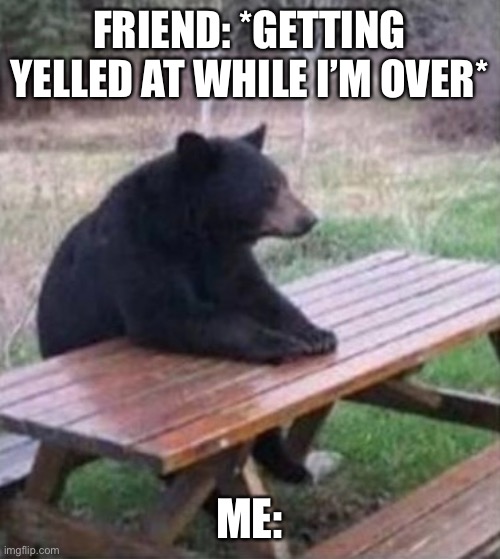 Bear at table |  FRIEND: *GETTING YELLED AT WHILE I’M OVER*; ME: | image tagged in bear | made w/ Imgflip meme maker