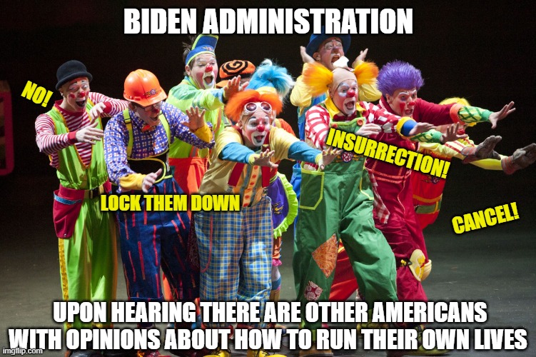 Biden Administration 2020 | BIDEN ADMINISTRATION; NO! INSURRECTION! LOCK THEM DOWN; CANCEL! UPON HEARING THERE ARE OTHER AMERICANS WITH OPINIONS ABOUT HOW TO RUN THEIR OWN LIVES | image tagged in circus clowns,biden,democrats,liberals,dimwits,control | made w/ Imgflip meme maker