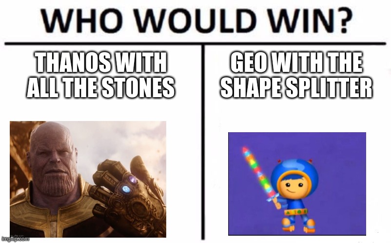 also gn (B | THANOS WITH ALL THE STONES; GEO WITH THE SHAPE SPLITTER | image tagged in memes | made w/ Imgflip meme maker