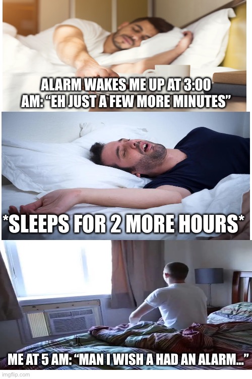 Me | ALARM WAKES ME UP AT 3:00 AM: “EH JUST A FEW MORE MINUTES”; *SLEEPS FOR 2 MORE HOURS*; ME AT 5 AM: “MAN I WISH A HAD AN ALARM...” | image tagged in sleep,relatable | made w/ Imgflip meme maker