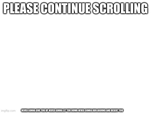 Keep scrolling | PLEASE CONTINUE SCROLLING; NEVER GONNA GIVE YOU UP NEVER GONNA LET YOU DOWN NEVER GONNA RUN AROUND AND DESERT YOU | image tagged in blank white template | made w/ Imgflip meme maker
