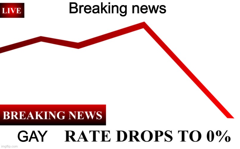 ____ Rate Drops To 0% | Breaking news GAY | image tagged in ____ rate drops to 0 | made w/ Imgflip meme maker