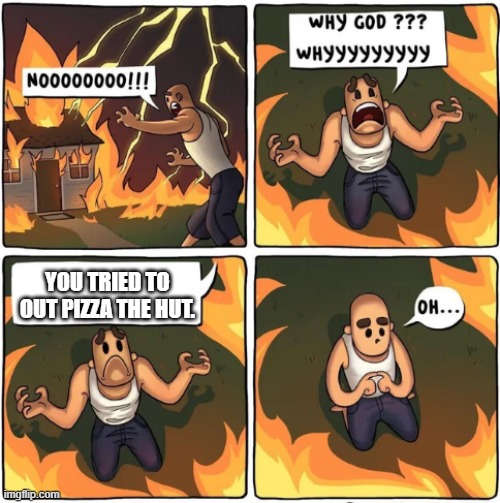 DO NOT TRY TO DO IT | YOU TRIED TO OUT PIZZA THE HUT. | image tagged in why god,memes | made w/ Imgflip meme maker