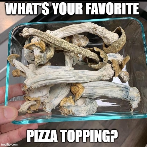 Shrooms | WHAT'S YOUR FAVORITE; PIZZA TOPPING? | image tagged in pizza | made w/ Imgflip meme maker