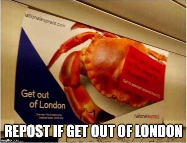 gET oUt Of LOnDoN | REPOST IF GET OUT OF LONDON | image tagged in get out of london crab | made w/ Imgflip meme maker