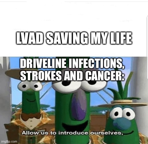 VAD LIFE | LVAD SAVING MY LIFE; DRIVELINE INFECTIONS, STROKES AND CANCER: | image tagged in allow us to introduce ourselves,lvad,stroke,infection,cancer | made w/ Imgflip meme maker