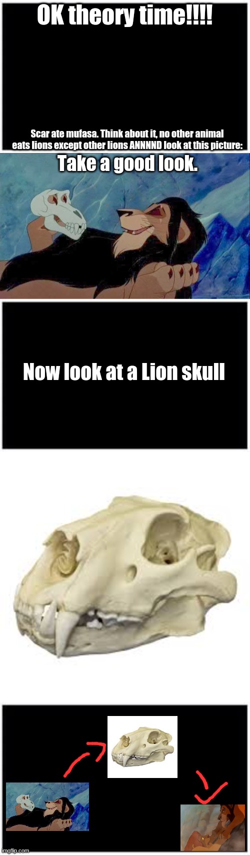 I did see this on something else (not gonna tell you what bc ill get hate for it) But just think about it. | OK theory time!!!! Scar ate mufasa. Think about it, no other animal eats lions except other lions ANNNND look at this picture:; Take a good look. Now look at a Lion skull | image tagged in conspiracy theory,lion king | made w/ Imgflip meme maker