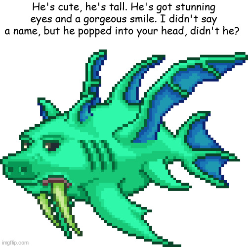 He's cute, he's tall... | He's cute, he's tall. He's got stunning eyes and a gorgeous smile. I didn't say a name, but he popped into your head, didn't he? | image tagged in terraria,cute,he's cute he's tall,funny,duke fishron,kawaii,Terraria | made w/ Imgflip meme maker