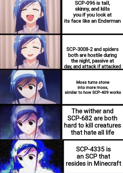 5 Panels | SCP-096 is tall, skinny, and kills you if you look at its face like an Enderman; SCP-3008-2 and spiders both are hostile during the night, passive at day, and attack if attacked; Moss turns stone into more moss, similar to how SCP-409 works; The wither and SCP-682 are both hard to kill creatures that hate all life; SCP-4335 is an SCP that resides in Minecraft | image tagged in 5 panels | made w/ Imgflip meme maker