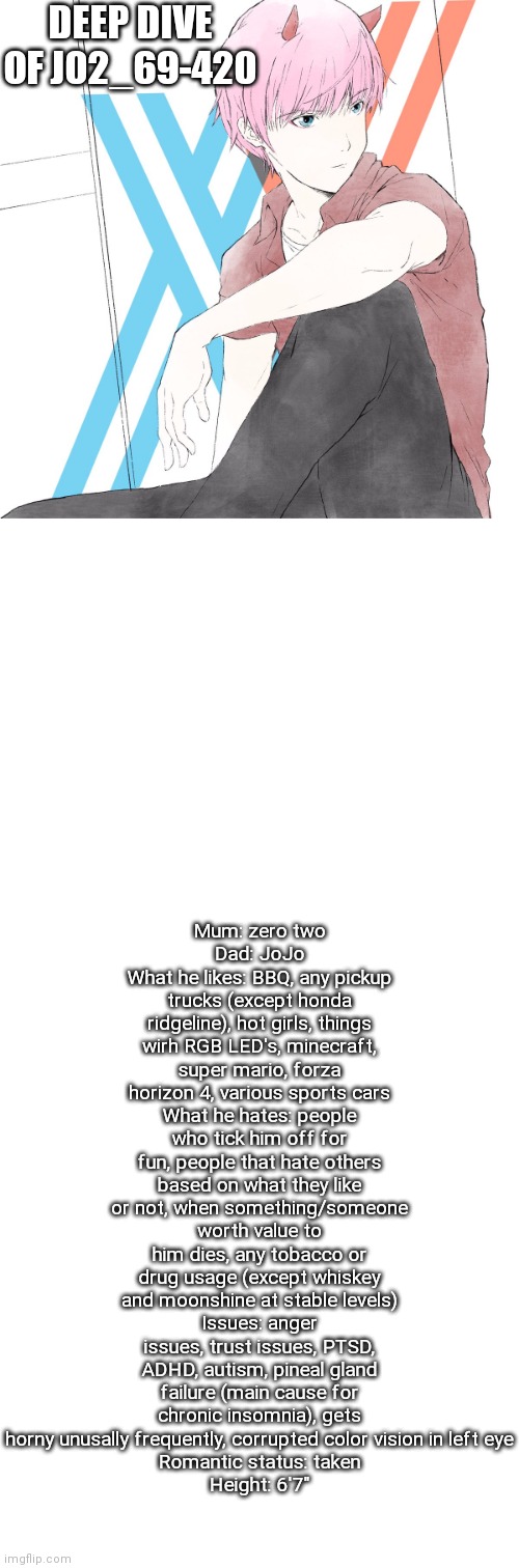 I'll explain a bit in the comments | Mum: zero two
Dad: JoJo
What he likes: BBQ, any pickup trucks (except honda ridgeline), hot girls, things wirh RGB LED's, minecraft, super mario, forza horizon 4, various sports cars
What he hates: people who tick him off for fun, people that hate others based on what they like or not, when something/someone worth value to him dies, any tobacco or drug usage (except whiskey and moonshine at stable levels)
Issues: anger issues, trust issues, PTSD, ADHD, autism, pineal gland failure (main cause for chronic insomnia), gets horny unusally frequently, corrupted color vision in left eye
Romantic status: taken
Height: 6'7"; DEEP DIVE OF J02_69-420 | image tagged in j02_69-420,blank white template | made w/ Imgflip meme maker