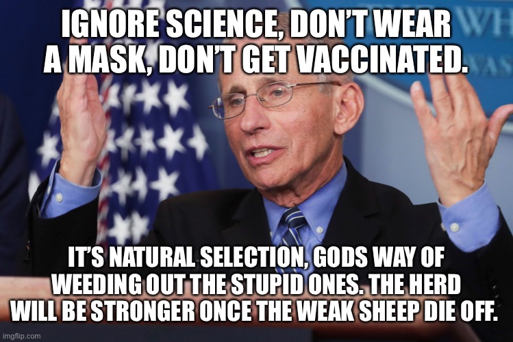 Dr Fauci Hands Up | IGNORE SCIENCE, DON’T WEAR A MASK, DON’T GET VACCINATED. IT’S NATURAL SELECTION, GODS WAY OF WEEDING OUT THE STUPID ONES. THE HERD WILL BE STRONGER ONCE THE WEAK SHEEP DIE OFF. | image tagged in dr fauci hands up | made w/ Imgflip meme maker