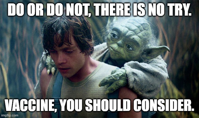DO OR DO NOT, THERE IS NO TRY. VACCINE, YOU SHOULD CONSIDER. | image tagged in luke yoda dagobah backpack | made w/ Imgflip meme maker