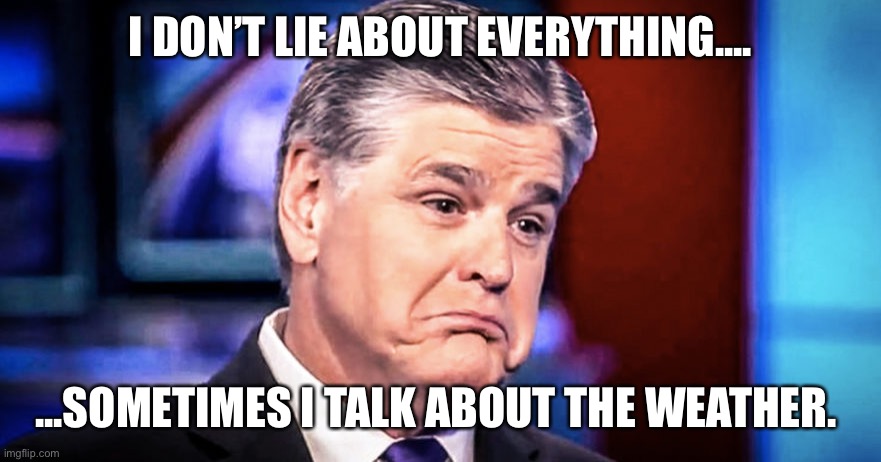 Sean Hannity | I DON’T LIE ABOUT EVERYTHING.... ...SOMETIMES I TALK ABOUT THE WEATHER. | image tagged in sean hannity | made w/ Imgflip meme maker