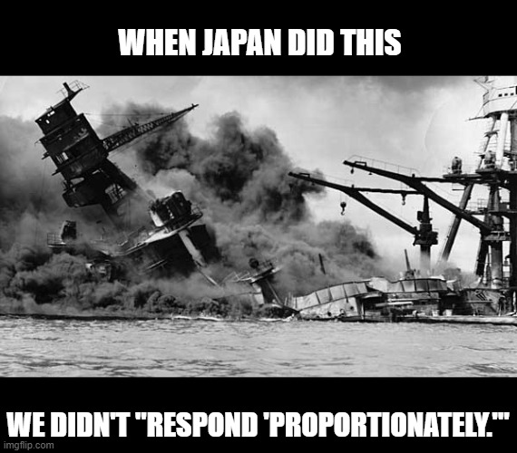 Pearl harbor | WHEN JAPAN DID THIS WE DIDN'T "RESPOND 'PROPORTIONATELY.'" | image tagged in pearl harbor | made w/ Imgflip meme maker
