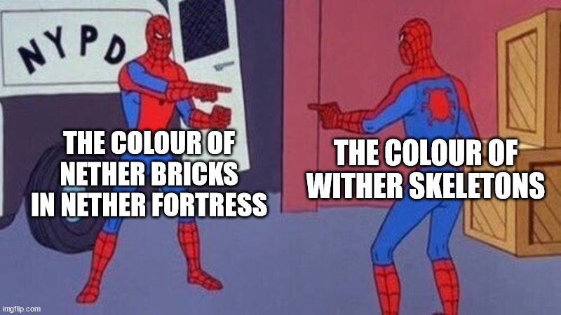 Deadly camouflage. | THE COLOUR OF NETHER BRICKS IN NETHER FORTRESS; THE COLOUR OF WITHER SKELETONS | image tagged in spiderman pointing at spiderman | made w/ Imgflip meme maker