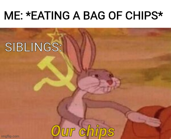 Our | ME: *EATING A BAG OF CHIPS*; SIBLINGS:; Our chips | image tagged in our | made w/ Imgflip meme maker