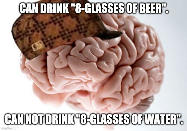 How The Brain Became...Wandering People, And Beer-Guzzlers. | CAN DRINK "8-GLASSES OF BEER". CAN NOT DRINK "8-GLASSES OF WATER". | image tagged in memes,scumbag brain,beer,health,water,exercise | made w/ Imgflip meme maker