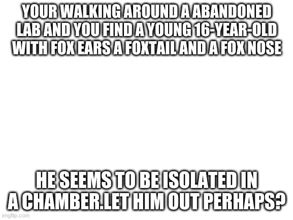 Rp with Tom? | YOUR WALKING AROUND A ABANDONED LAB AND YOU FIND A YOUNG 16-YEAR-OLD WITH FOX EARS A FOXTAIL AND A FOX NOSE; HE SEEMS TO BE ISOLATED IN A CHAMBER. LET HIM OUT PERHAPS? | image tagged in blank white template | made w/ Imgflip meme maker