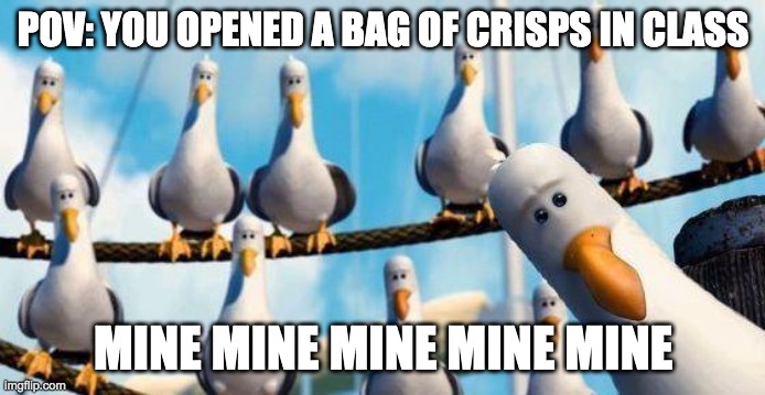 POV: you opened a bag of crisps | POV: YOU OPENED A BAG OF CRISPS IN CLASS; MINE MINE MINE MINE MINE | image tagged in nemo birds | made w/ Imgflip meme maker