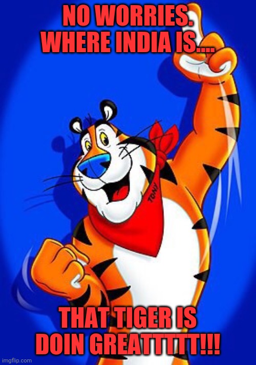 Tony the tiger |  NO WORRIES. WHERE INDIA IS.... THAT TIGER IS DOIN GREATTTTT!!! | image tagged in tony the tiger | made w/ Imgflip meme maker